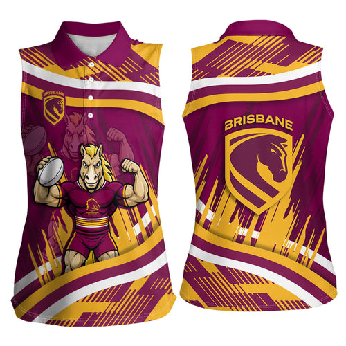 Brisbane Broncos Rugby Mascot Women Sleeveless Polo Shirt Fierce Athlete Graphic in Sports Style