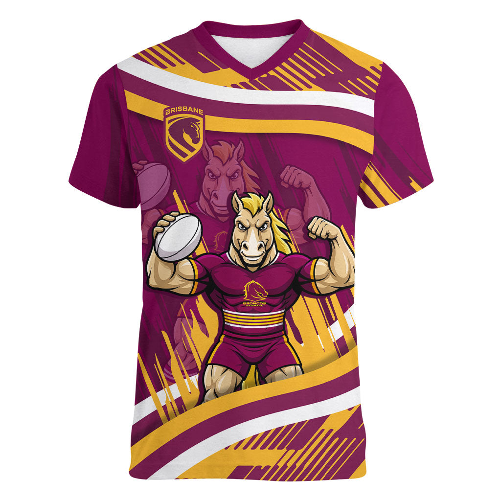 Brisbane Broncos Rugby Mascot Women V-Neck T-Shirt Fierce Athlete Graphic in Sports Style