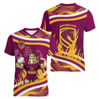 Brisbane Broncos Rugby Mascot Women V-Neck T-Shirt Fierce Athlete Graphic in Sports Style