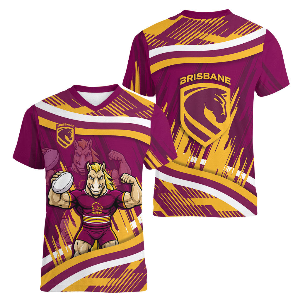 Brisbane Broncos Rugby Mascot Women V-Neck T-Shirt Fierce Athlete Graphic in Sports Style