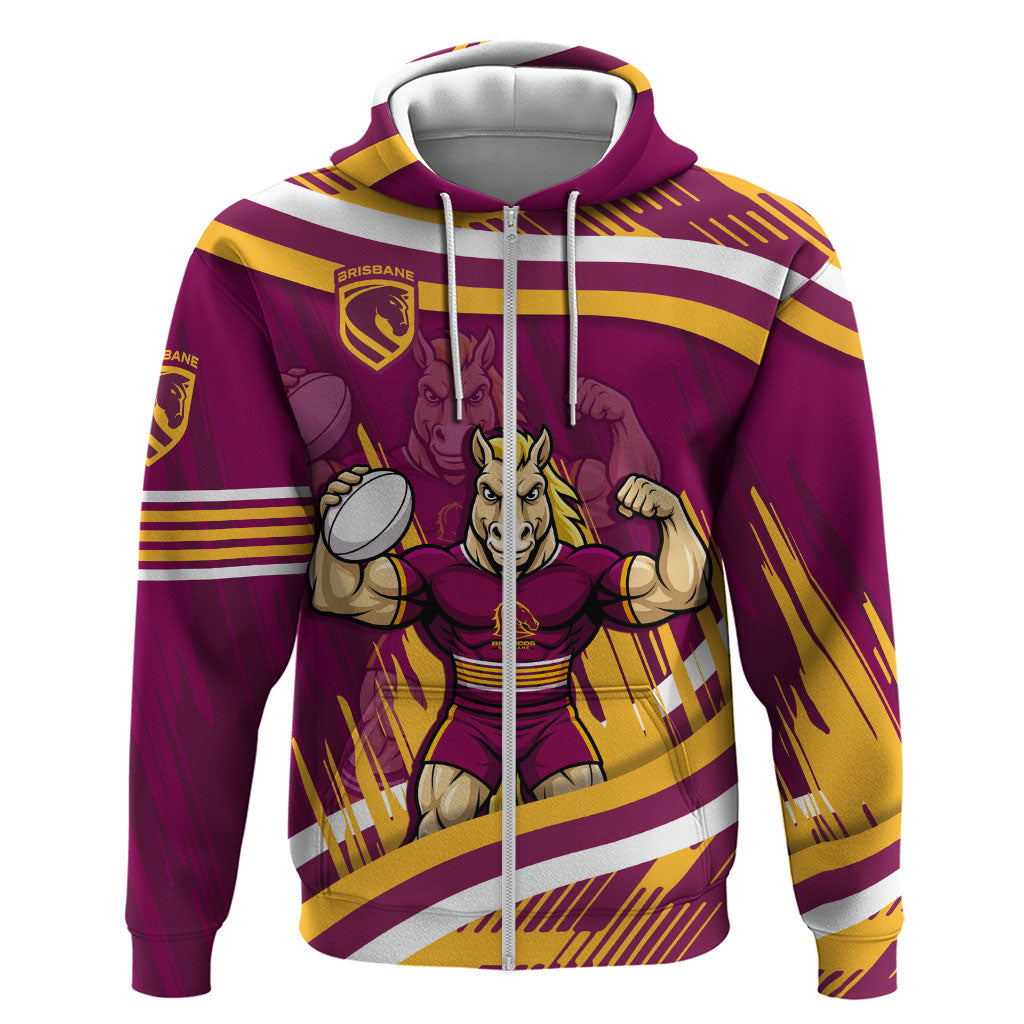 Brisbane Broncos Rugby Mascot Zip Hoodie Fierce Athlete Graphic in Sports Style