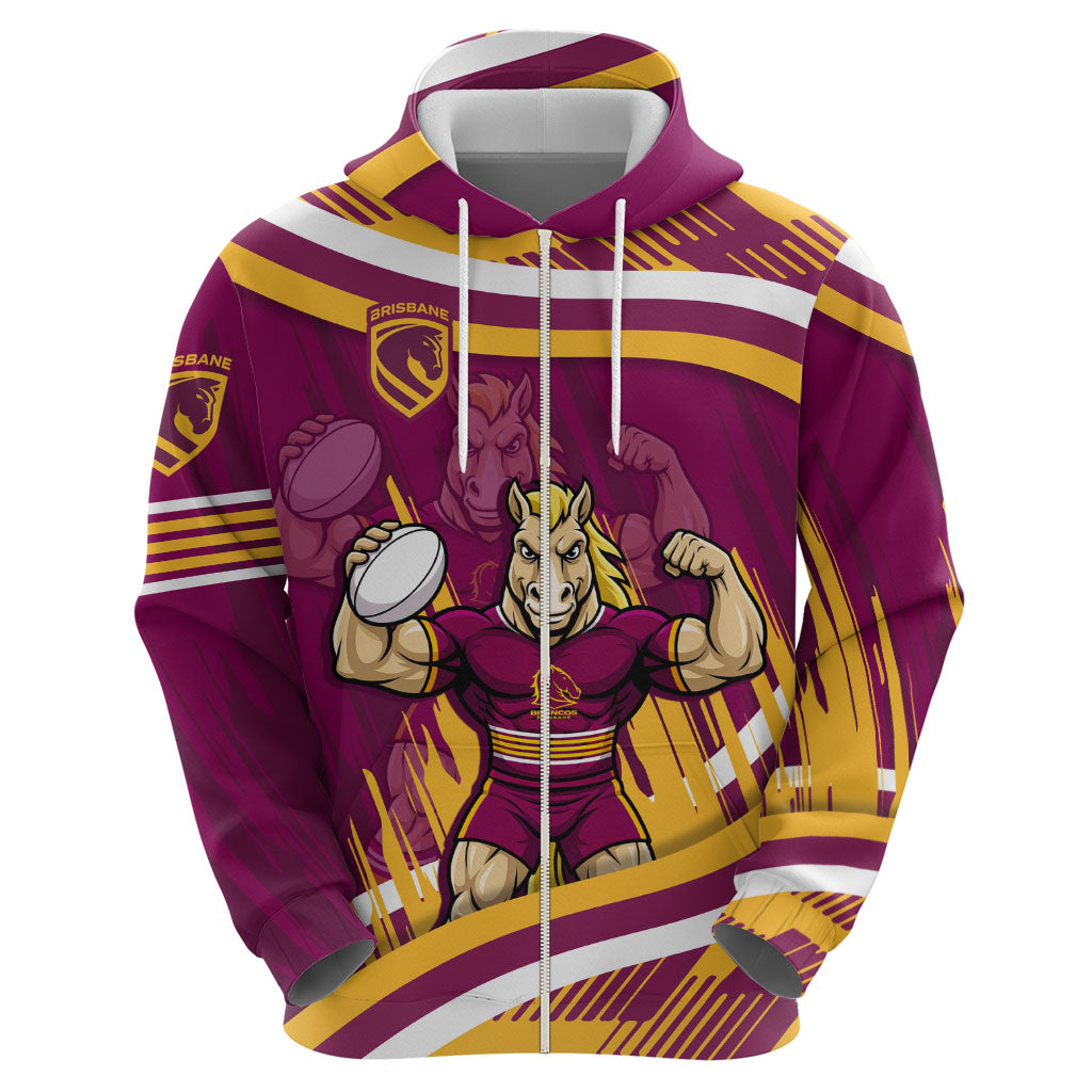 Brisbane Broncos Rugby Mascot Zip Hoodie Fierce Athlete Graphic in Sports Style