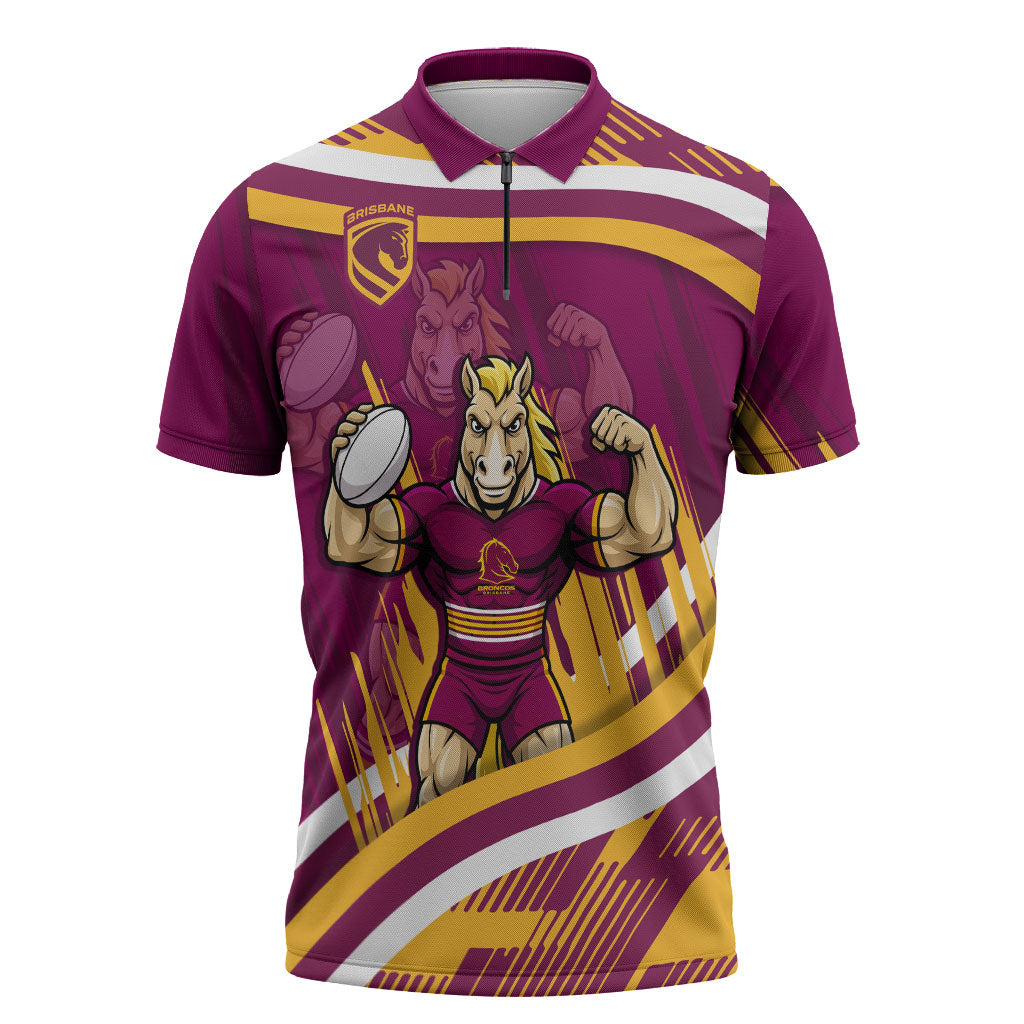 Brisbane Broncos Rugby Mascot Zipper Polo Shirt Fierce Athlete Graphic in Sports Style