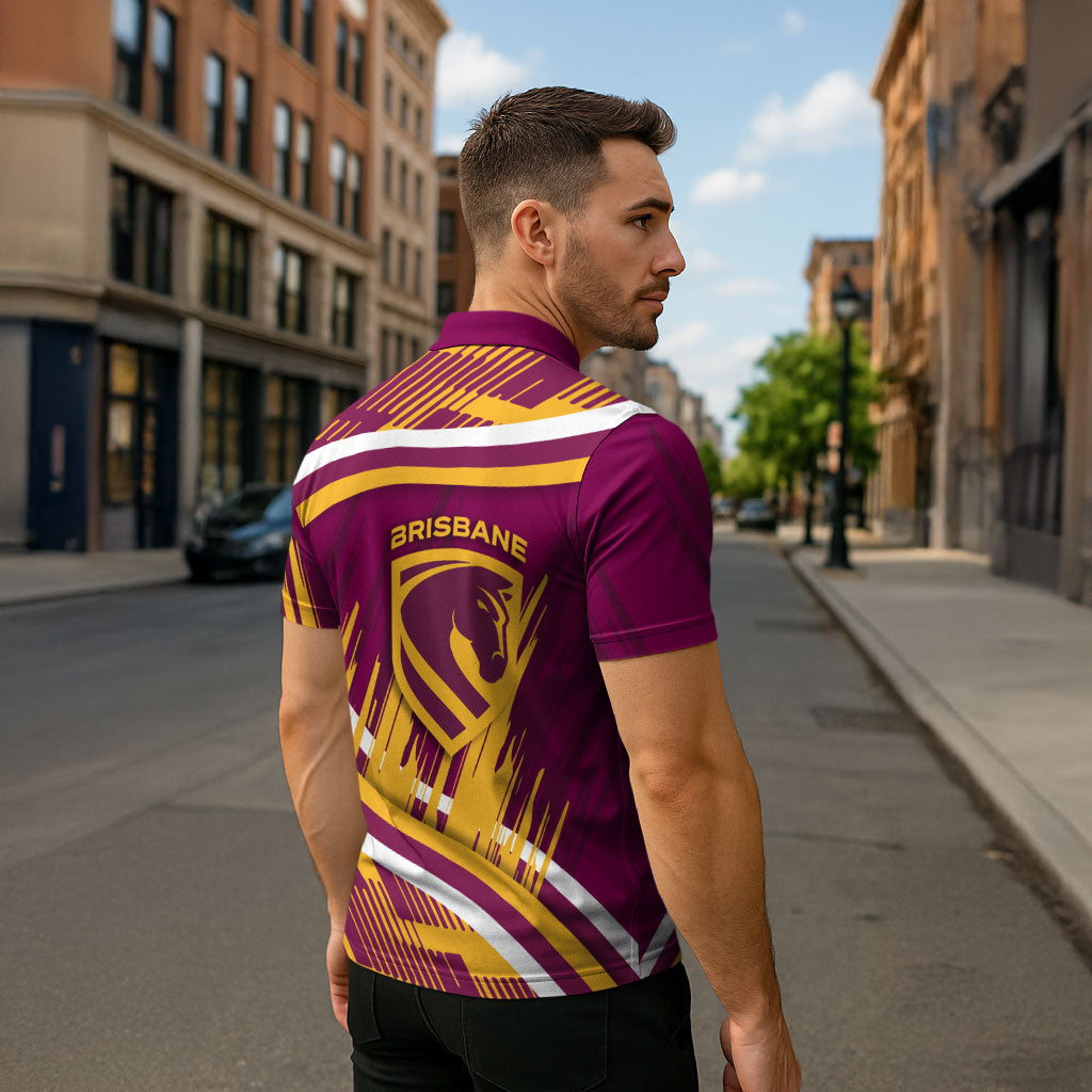 Brisbane Broncos Rugby Mascot Zipper Polo Shirt Fierce Athlete Graphic in Sports Style