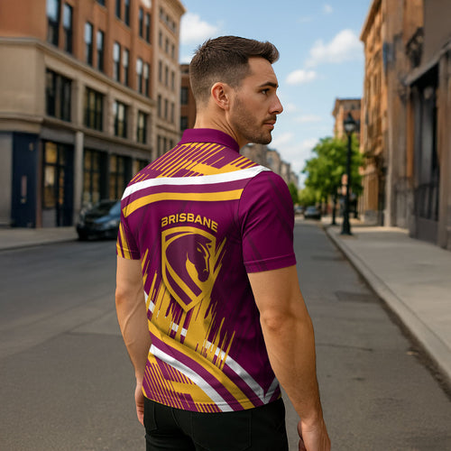 Brisbane Broncos Rugby Mascot Zipper Polo Shirt Fierce Athlete Graphic in Sports Style