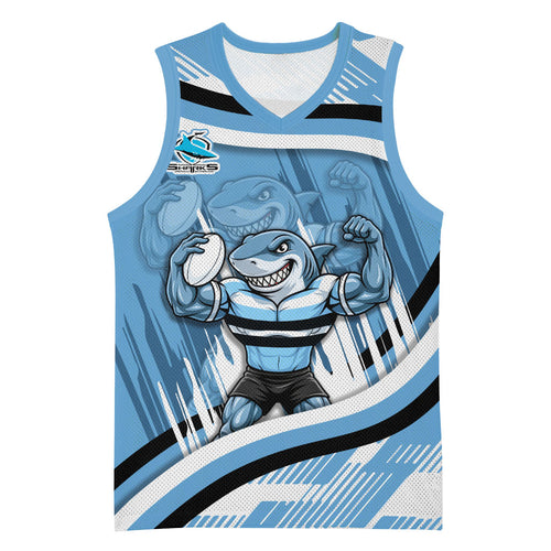 Cronulla Sharks Rugby Mascot Basketball Jersey Fierce Athlete Graphic in Sports Style