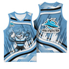 Cronulla Sharks Rugby Mascot Basketball Jersey Fierce Athlete Graphic in Sports Style