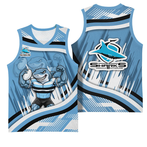 Cronulla Sharks Rugby Mascot Basketball Jersey Fierce Athlete Graphic in Sports Style