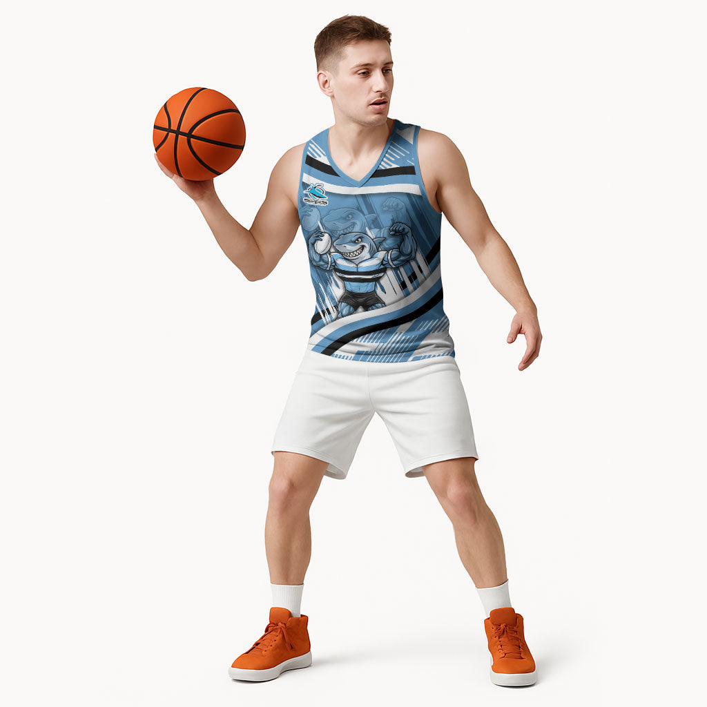 Cronulla Sharks Rugby Mascot Basketball Jersey Fierce Athlete Graphic in Sports Style