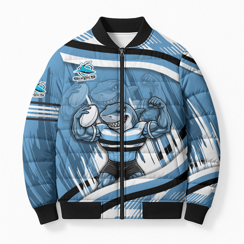 Cronulla Sharks Rugby Mascot Bomber Puffer Jacket Fierce Athlete Graphic in Sports Style