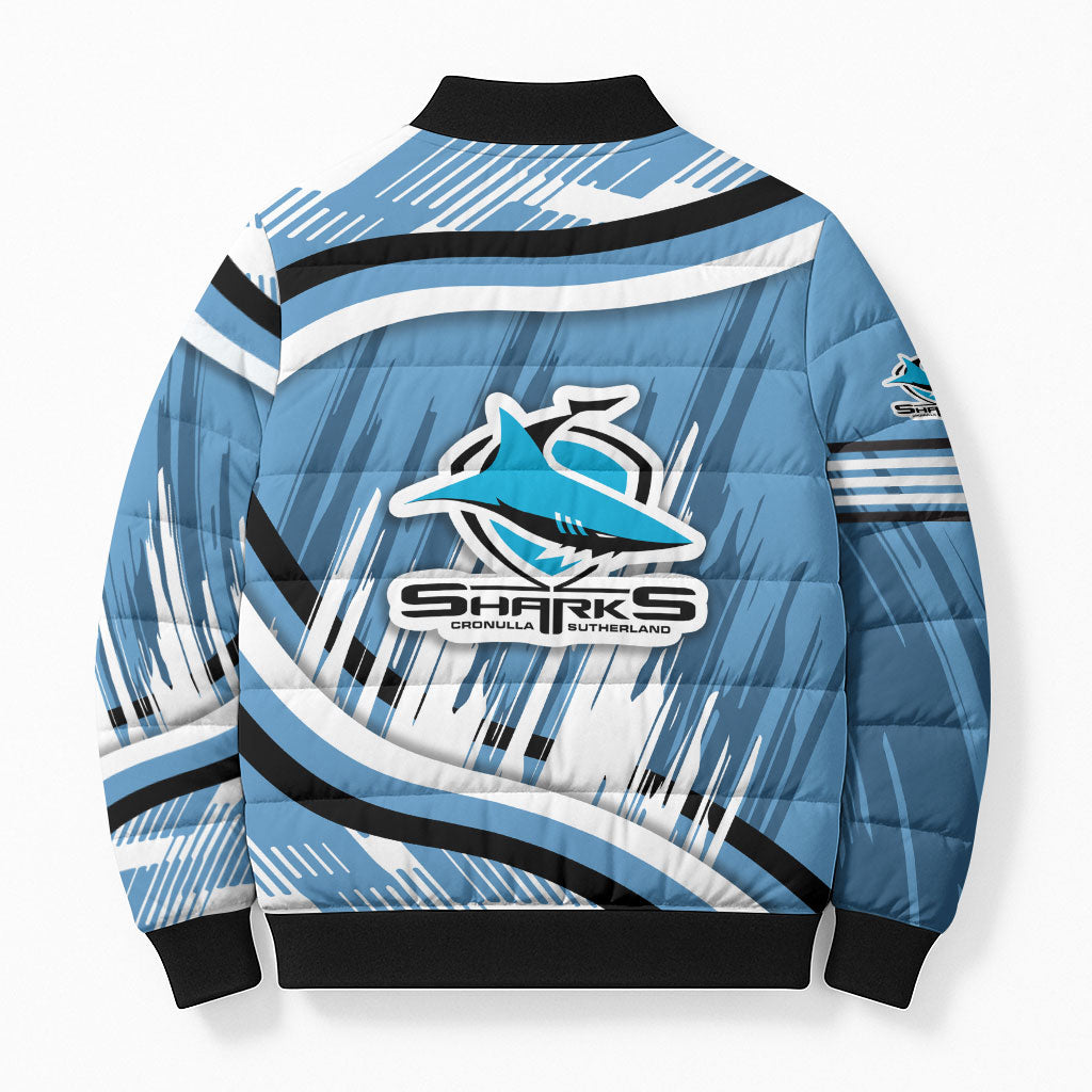 Cronulla Sharks Rugby Mascot Bomber Puffer Jacket Fierce Athlete Graphic in Sports Style