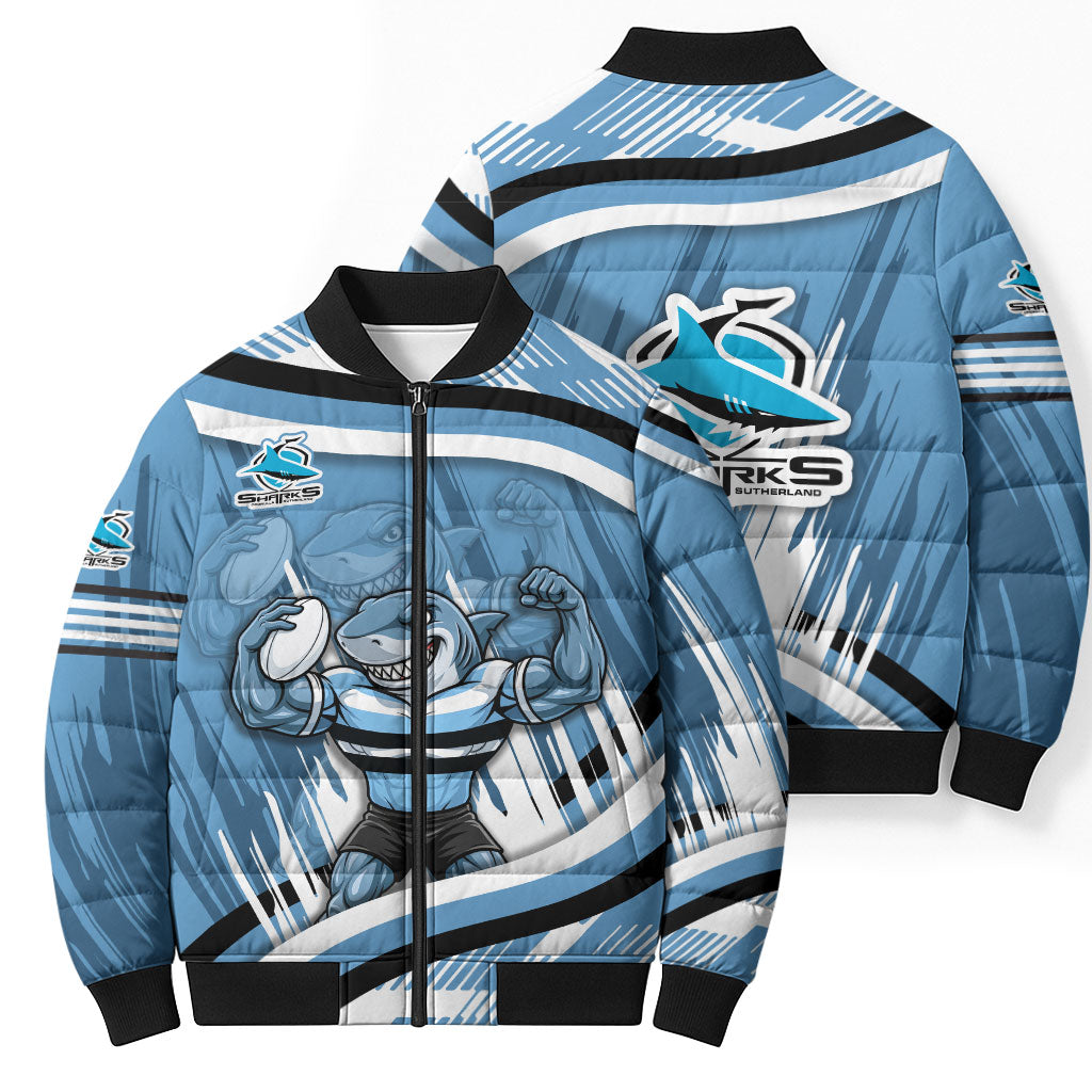 Cronulla Sharks Rugby Mascot Bomber Puffer Jacket Fierce Athlete Graphic in Sports Style