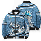Cronulla Sharks Rugby Mascot Bomber Puffer Jacket Fierce Athlete Graphic in Sports Style