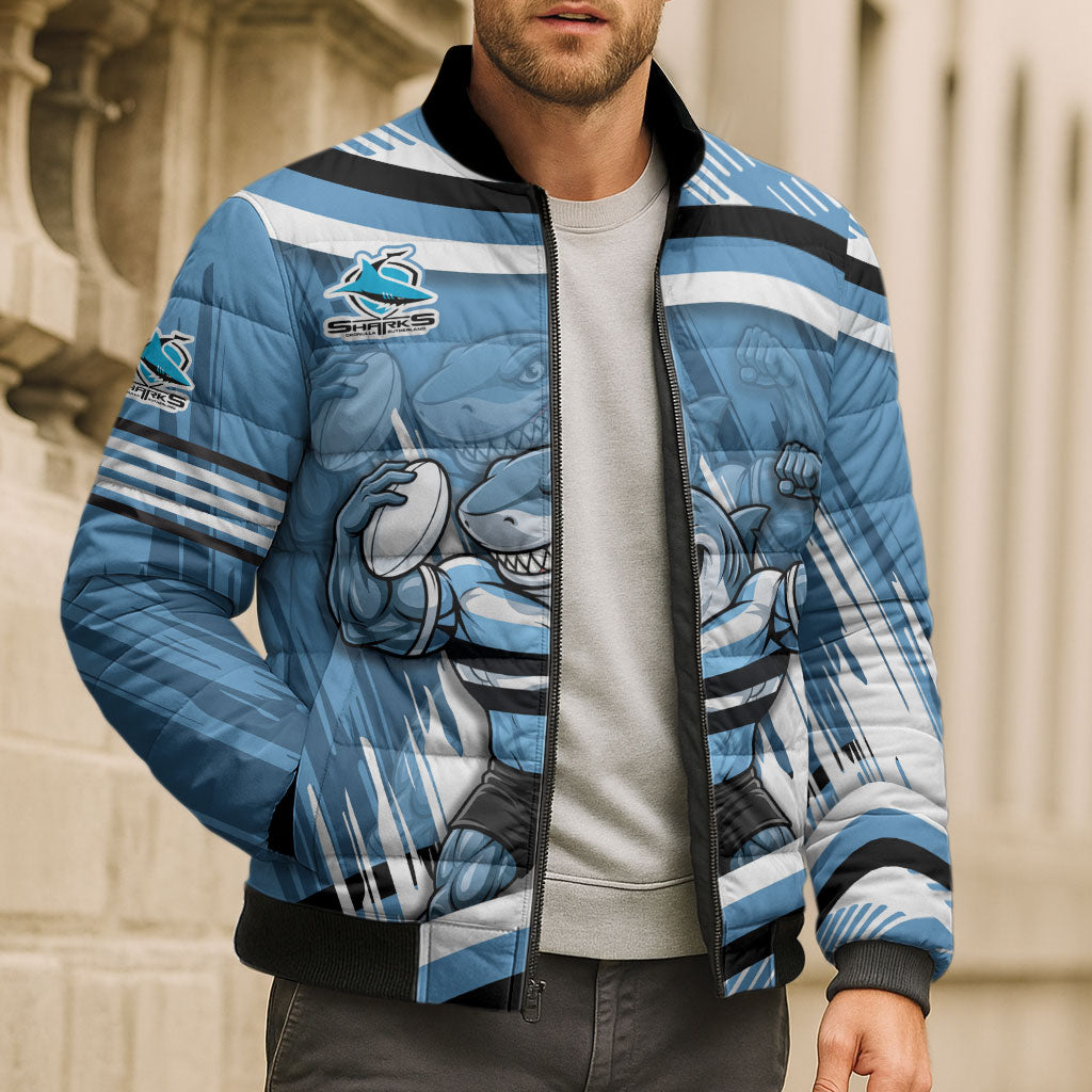 Cronulla Sharks Rugby Mascot Bomber Puffer Jacket Fierce Athlete Graphic in Sports Style