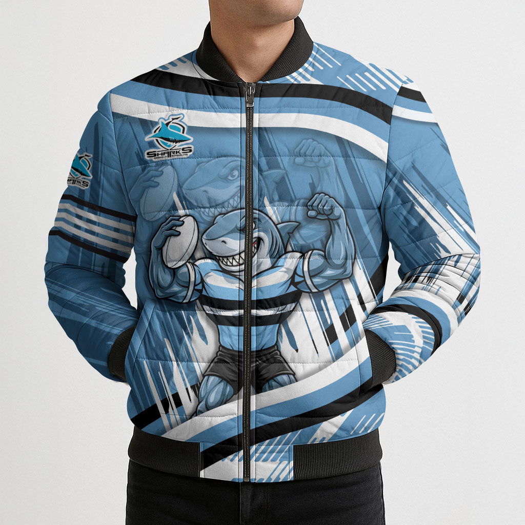 Cronulla Sharks Rugby Mascot Bomber Puffer Jacket Fierce Athlete Graphic in Sports Style