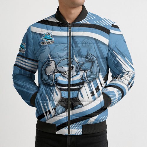 Cronulla Sharks Rugby Mascot Bomber Puffer Jacket Fierce Athlete Graphic in Sports Style