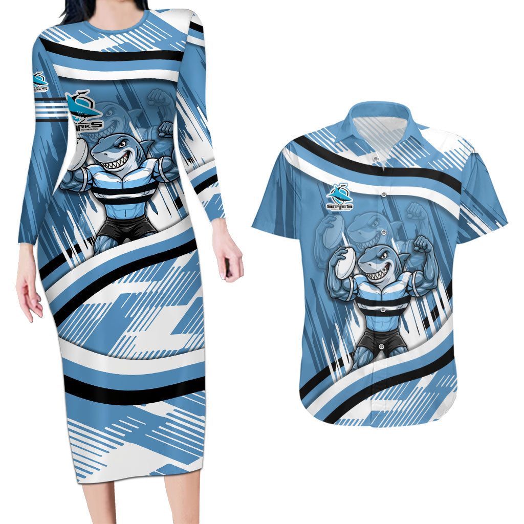 Cronulla Sharks Rugby Mascot Couples Matching Long Sleeve Bodycon Dress and Hawaiian Shirt Fierce Athlete Graphic in Sports Style