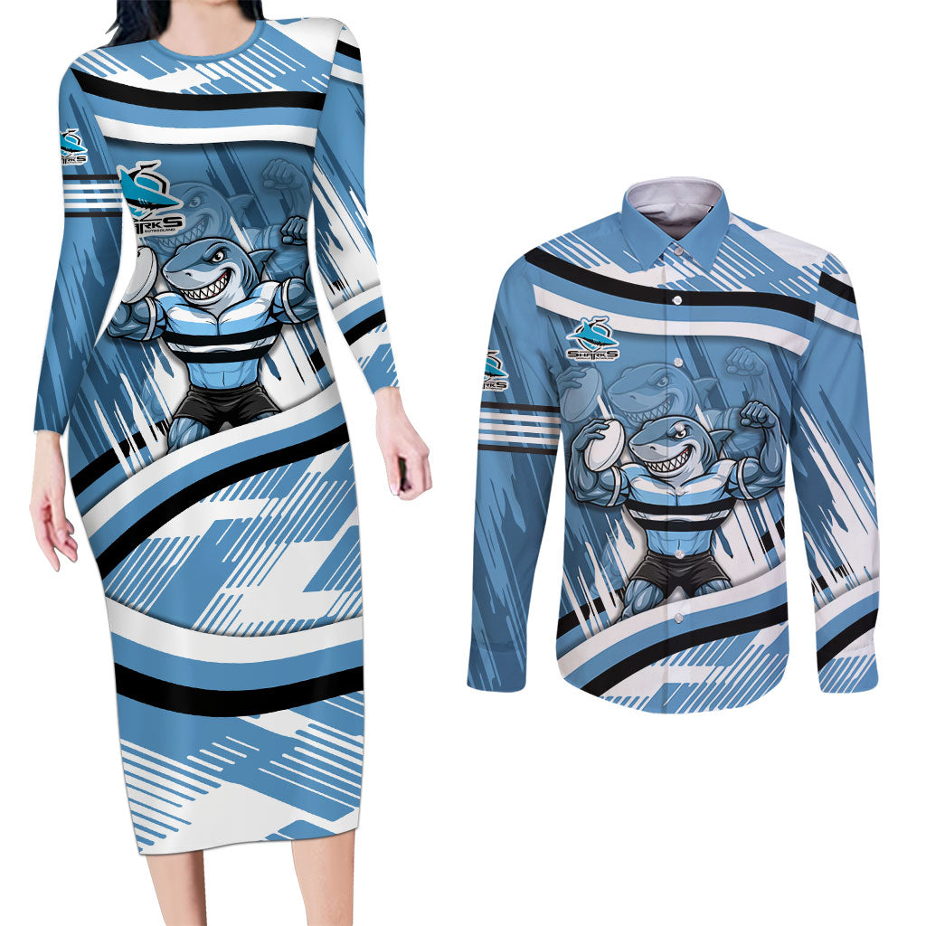Cronulla Sharks Rugby Mascot Couples Matching Long Sleeve Bodycon Dress and Long Sleeve Button Shirt Fierce Athlete Graphic in Sports Style