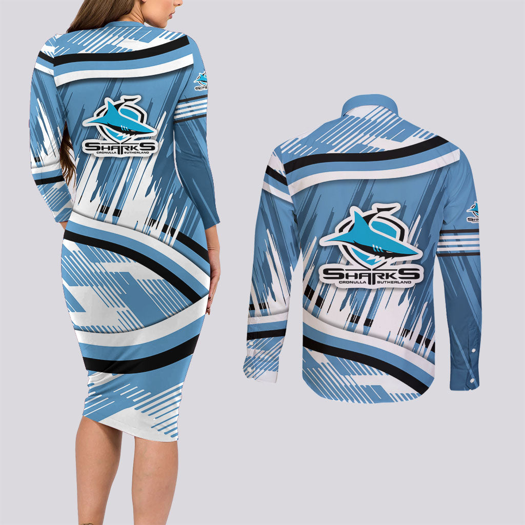 Cronulla Sharks Rugby Mascot Couples Matching Long Sleeve Bodycon Dress and Long Sleeve Button Shirt Fierce Athlete Graphic in Sports Style