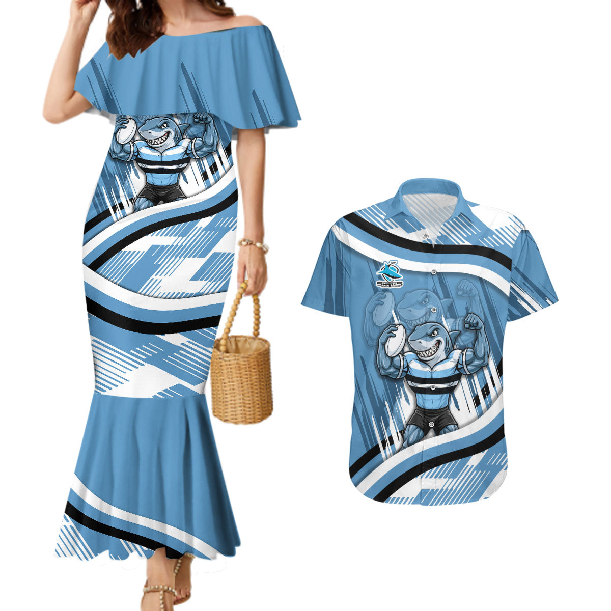 Cronulla Sharks Rugby Mascot Couples Matching Mermaid Dress and Hawaiian Shirt Fierce Athlete Graphic in Sports Style