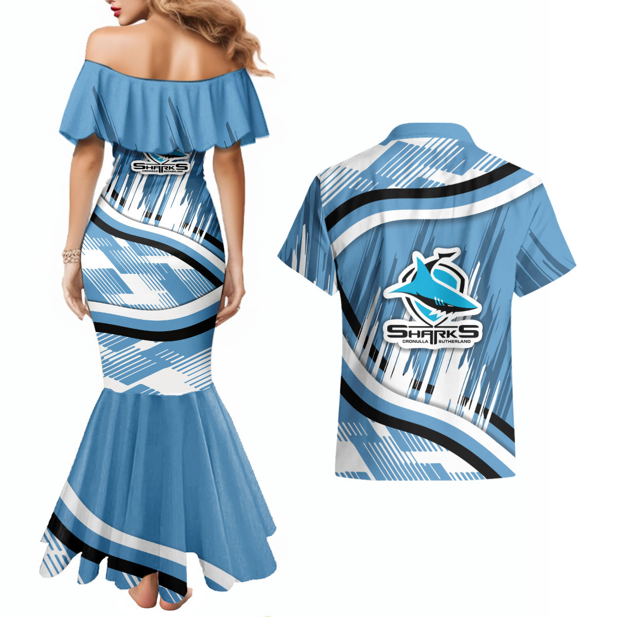 Cronulla Sharks Rugby Mascot Couples Matching Mermaid Dress and Hawaiian Shirt Fierce Athlete Graphic in Sports Style