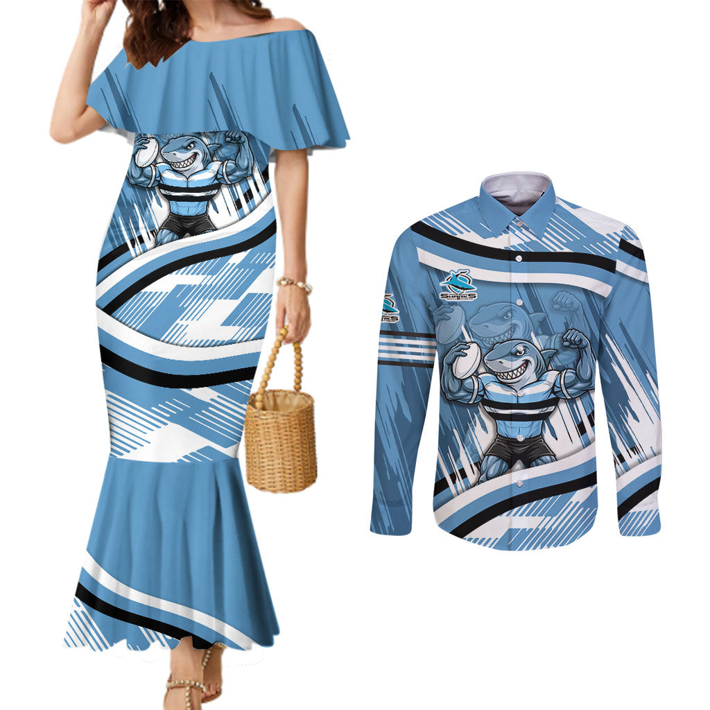 Cronulla Sharks Rugby Mascot Couples Matching Mermaid Dress and Long Sleeve Button Shirt Fierce Athlete Graphic in Sports Style