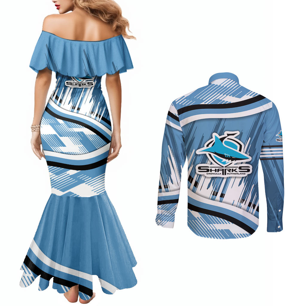 Cronulla Sharks Rugby Mascot Couples Matching Mermaid Dress and Long Sleeve Button Shirt Fierce Athlete Graphic in Sports Style