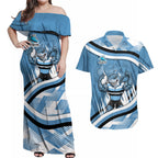 Cronulla Sharks Rugby Mascot Couples Matching Off Shoulder Maxi Dress and Hawaiian Shirt Fierce Athlete Graphic in Sports Style