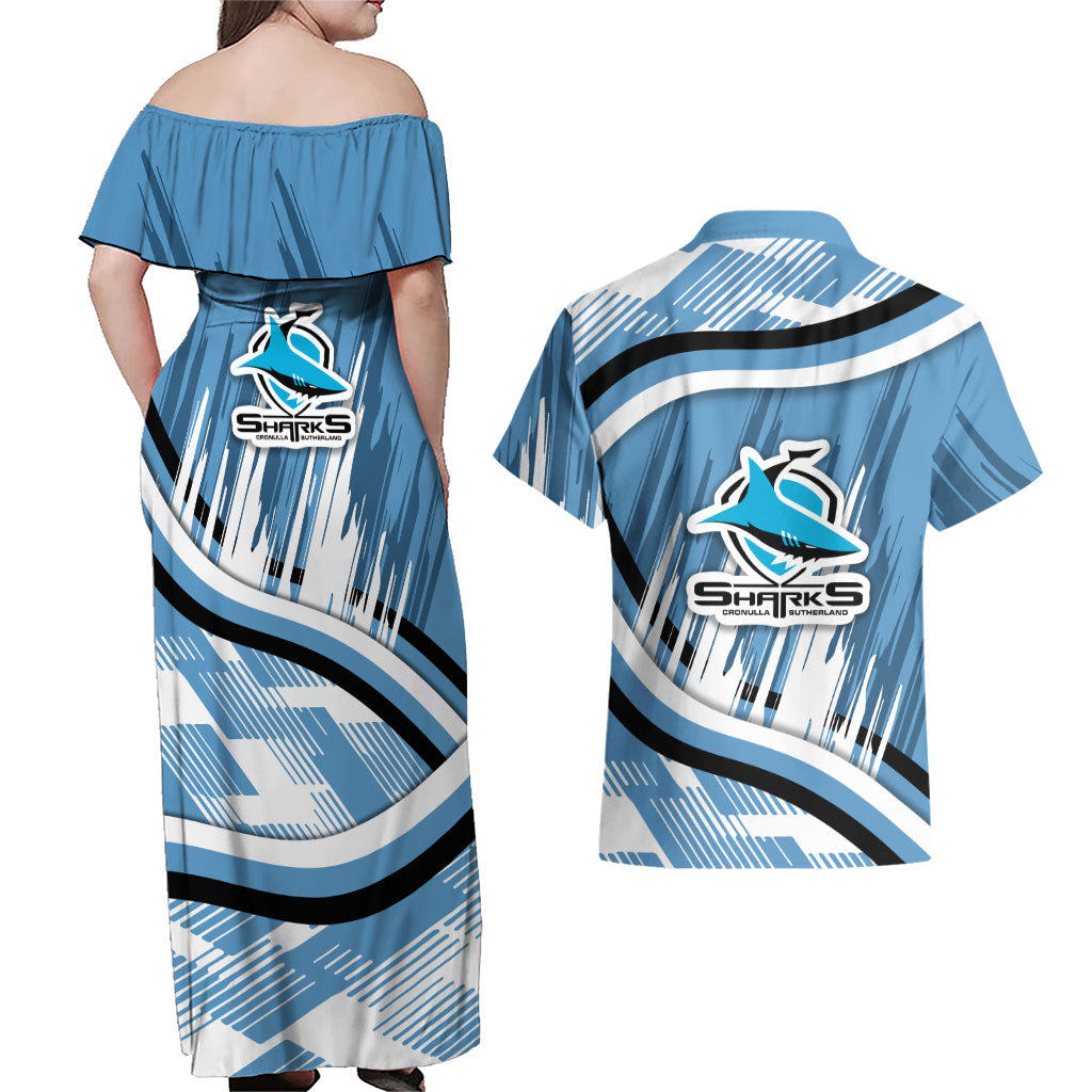 Cronulla Sharks Rugby Mascot Couples Matching Off Shoulder Maxi Dress and Hawaiian Shirt Fierce Athlete Graphic in Sports Style