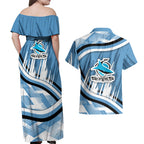 Cronulla Sharks Rugby Mascot Couples Matching Off Shoulder Maxi Dress and Hawaiian Shirt Fierce Athlete Graphic in Sports Style