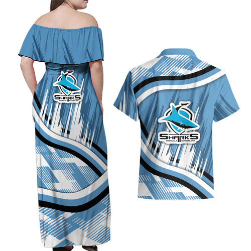 Cronulla Sharks Rugby Mascot Couples Matching Off Shoulder Maxi Dress and Hawaiian Shirt Fierce Athlete Graphic in Sports Style