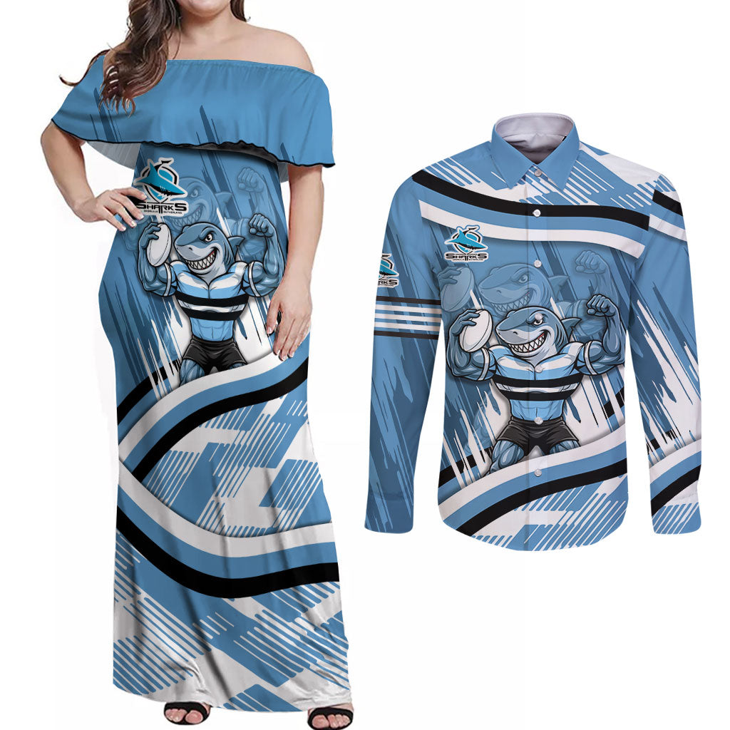 Cronulla Sharks Rugby Mascot Couples Matching Off Shoulder Maxi Dress and Long Sleeve Button Shirt Fierce Athlete Graphic in Sports Style