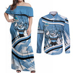 Cronulla Sharks Rugby Mascot Couples Matching Off Shoulder Maxi Dress and Long Sleeve Button Shirt Fierce Athlete Graphic in Sports Style