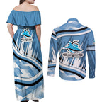 Cronulla Sharks Rugby Mascot Couples Matching Off Shoulder Maxi Dress and Long Sleeve Button Shirt Fierce Athlete Graphic in Sports Style