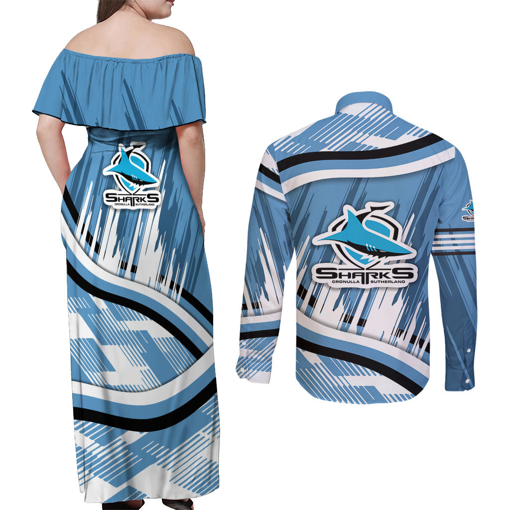Cronulla Sharks Rugby Mascot Couples Matching Off Shoulder Maxi Dress and Long Sleeve Button Shirt Fierce Athlete Graphic in Sports Style