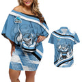 Cronulla Sharks Rugby Mascot Couples Matching Off Shoulder Short Dress and Hawaiian Shirt Fierce Athlete Graphic in Sports Style