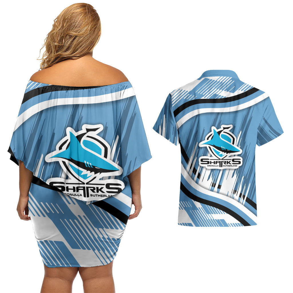 Cronulla Sharks Rugby Mascot Couples Matching Off Shoulder Short Dress and Hawaiian Shirt Fierce Athlete Graphic in Sports Style