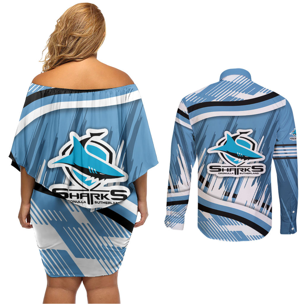 Cronulla Sharks Rugby Mascot Couples Matching Off Shoulder Short Dress and Long Sleeve Button Shirt Fierce Athlete Graphic in Sports Style