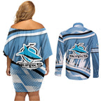 Cronulla Sharks Rugby Mascot Couples Matching Off Shoulder Short Dress and Long Sleeve Button Shirt Fierce Athlete Graphic in Sports Style