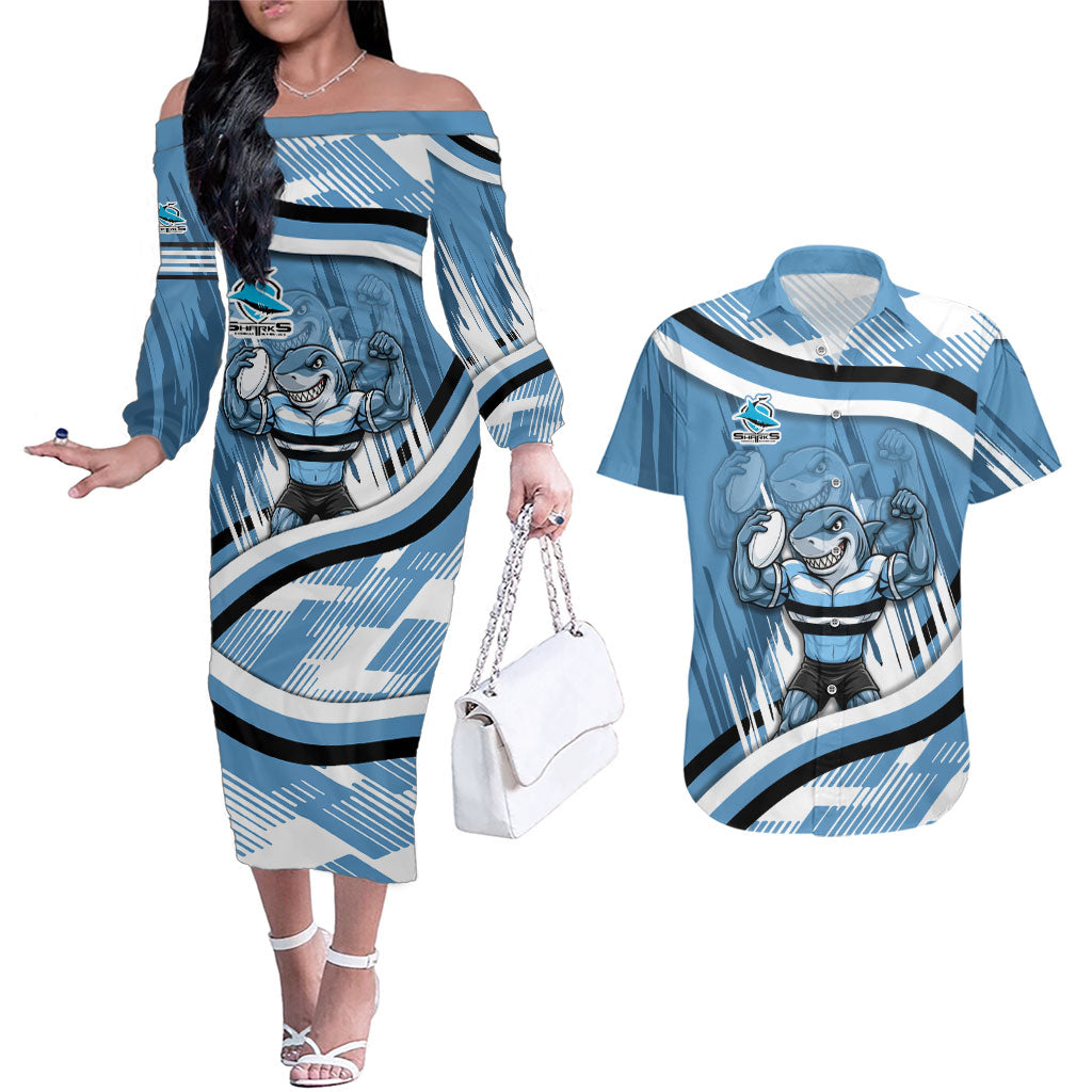 Cronulla Sharks Rugby Mascot Couples Matching Off The Shoulder Long Sleeve Dress and Hawaiian Shirt Fierce Athlete Graphic in Sports Style
