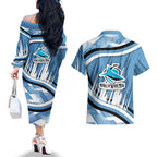 Cronulla Sharks Rugby Mascot Couples Matching Off The Shoulder Long Sleeve Dress and Hawaiian Shirt Fierce Athlete Graphic in Sports Style