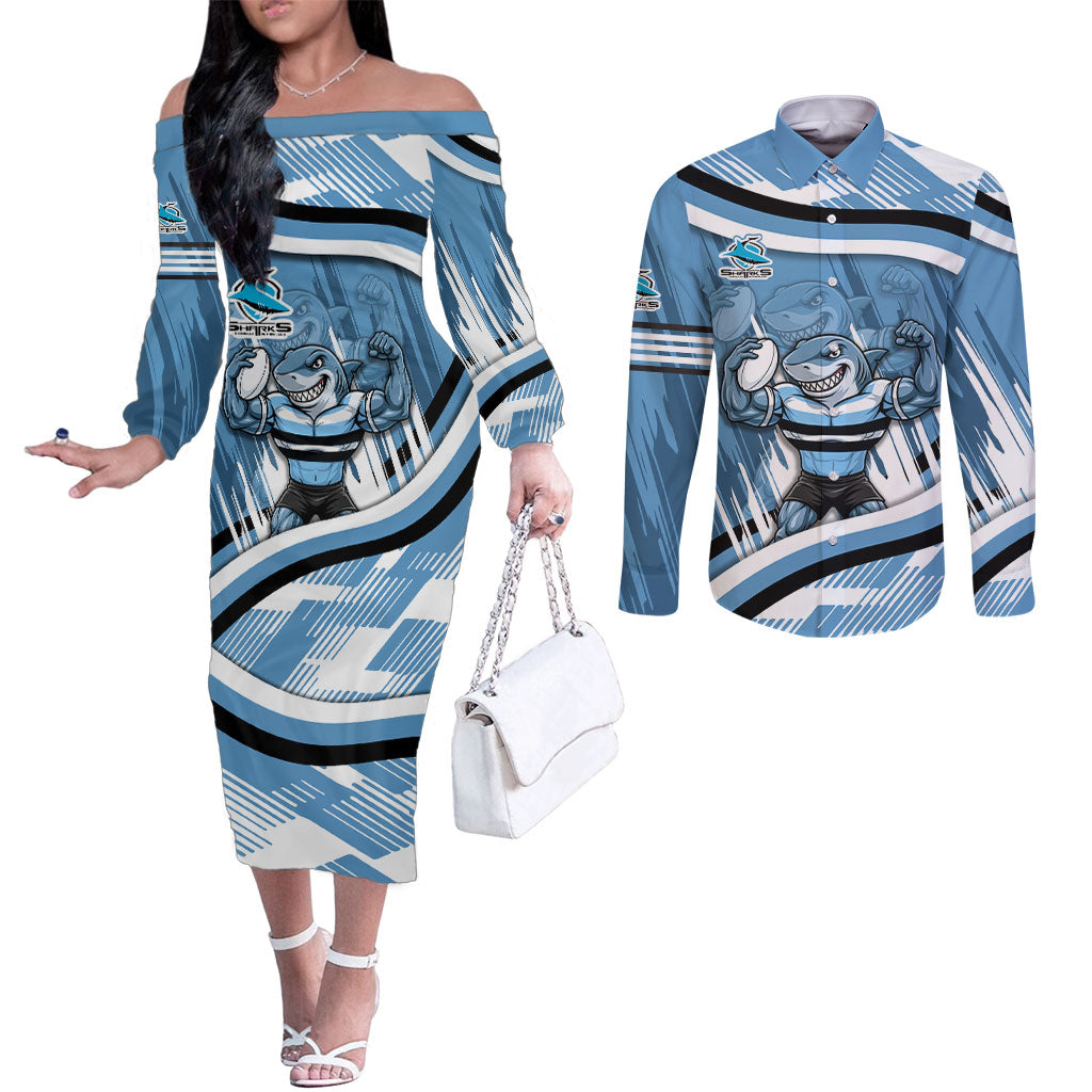 Cronulla Sharks Rugby Mascot Couples Matching Off The Shoulder Long Sleeve Dress and Long Sleeve Button Shirt Fierce Athlete Graphic in Sports Style