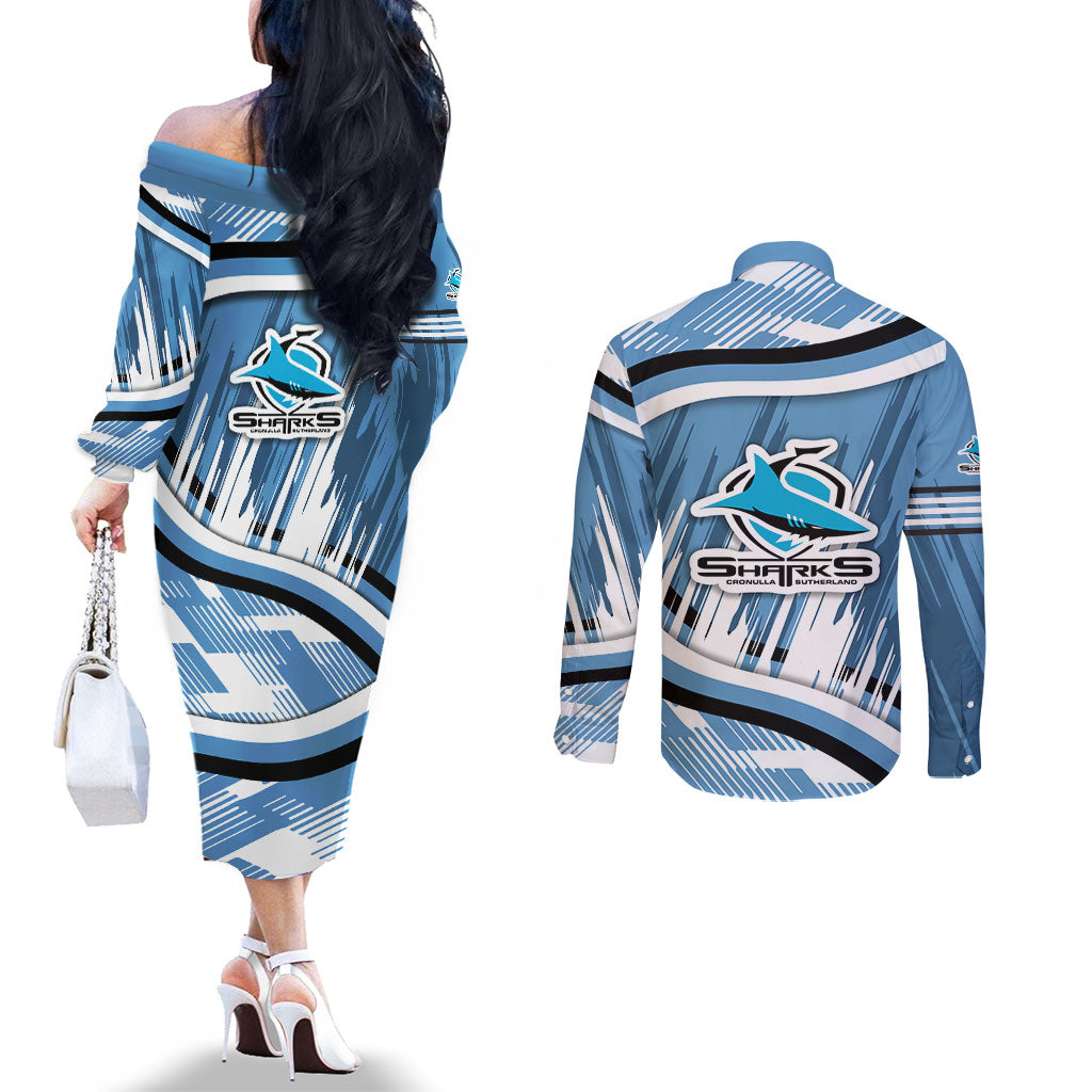 Cronulla Sharks Rugby Mascot Couples Matching Off The Shoulder Long Sleeve Dress and Long Sleeve Button Shirt Fierce Athlete Graphic in Sports Style