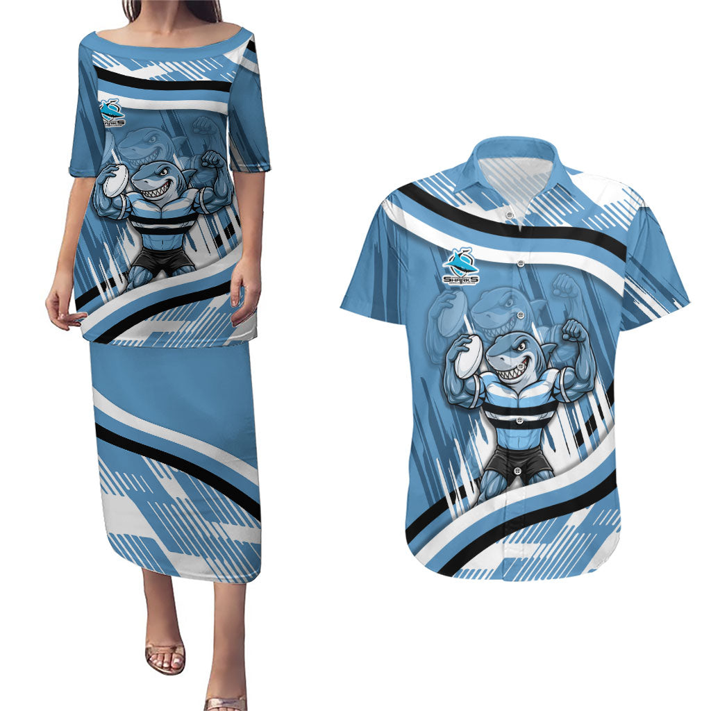 Cronulla Sharks Rugby Mascot Couples Matching Puletasi and Hawaiian Shirt Fierce Athlete Graphic in Sports Style