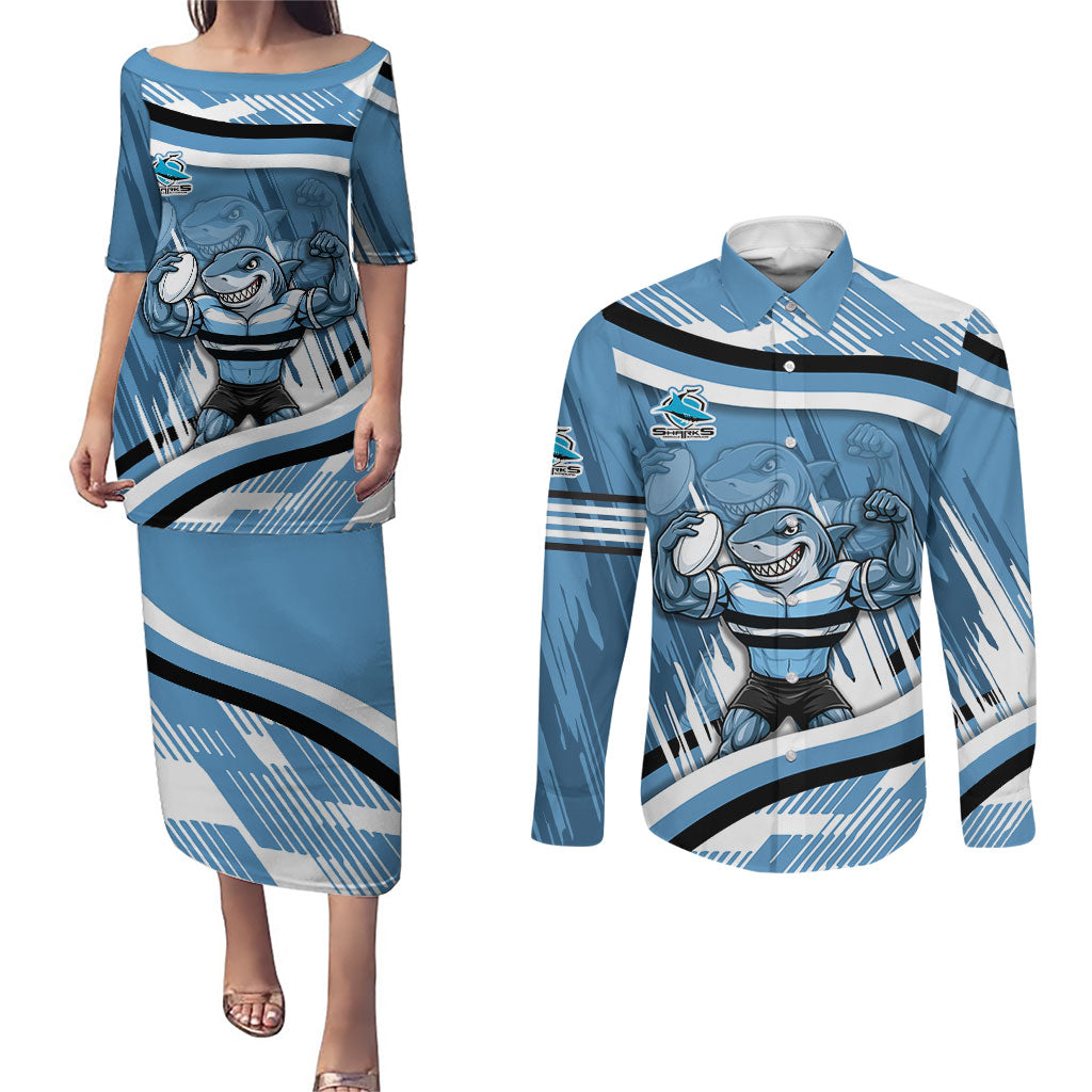 Cronulla Sharks Rugby Mascot Couples Matching Puletasi and Long Sleeve Button Shirt Fierce Athlete Graphic in Sports Style