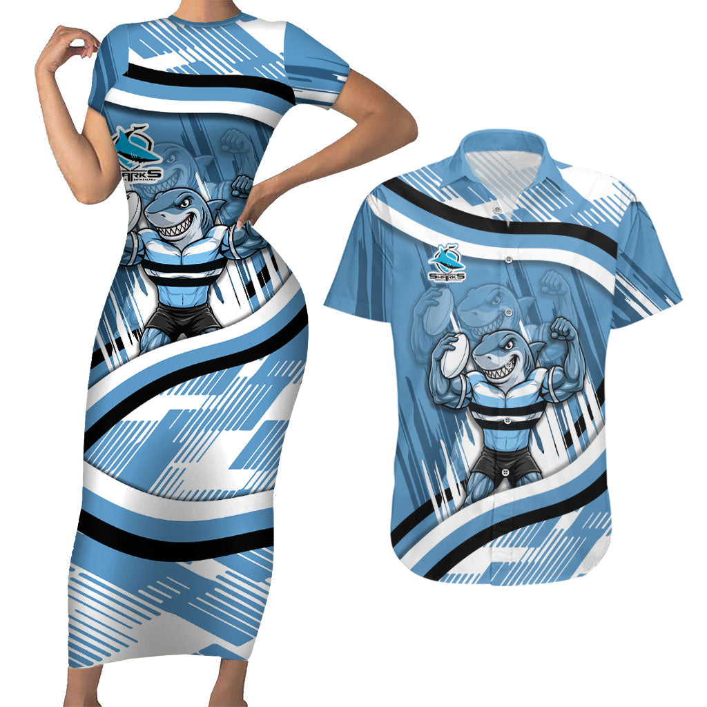 Cronulla Sharks Rugby Mascot Couples Matching Short Sleeve Bodycon Dress and Hawaiian Shirt Fierce Athlete Graphic in Sports Style