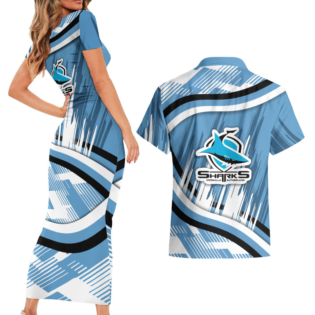 Cronulla Sharks Rugby Mascot Couples Matching Short Sleeve Bodycon Dress and Hawaiian Shirt Fierce Athlete Graphic in Sports Style