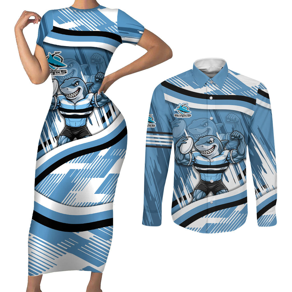 Cronulla Sharks Rugby Mascot Couples Matching Short Sleeve Bodycon Dress and Long Sleeve Button Shirt Fierce Athlete Graphic in Sports Style