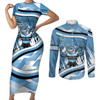 Cronulla Sharks Rugby Mascot Couples Matching Short Sleeve Bodycon Dress and Long Sleeve Button Shirt Fierce Athlete Graphic in Sports Style
