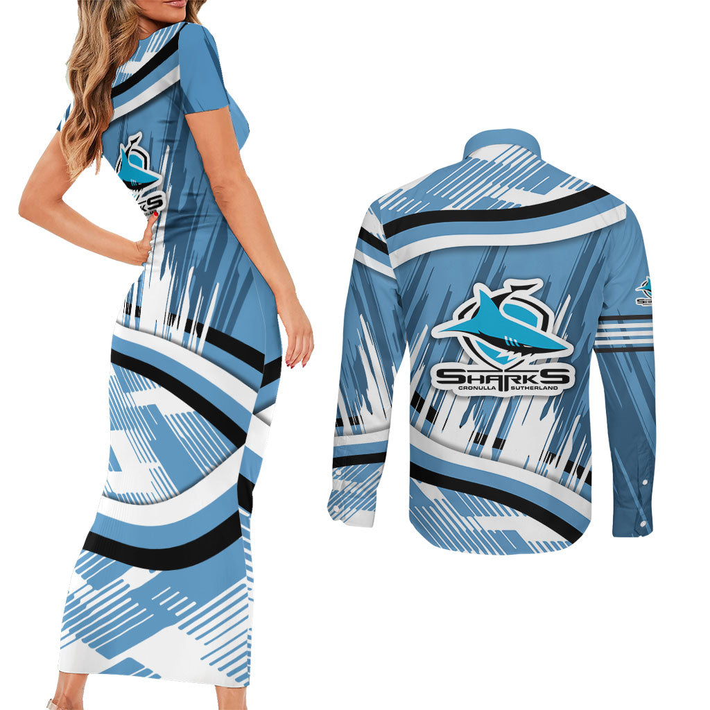 Cronulla Sharks Rugby Mascot Couples Matching Short Sleeve Bodycon Dress and Long Sleeve Button Shirt Fierce Athlete Graphic in Sports Style